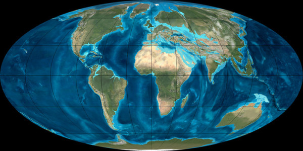 Shape of the World in the Oligocene - South America separates from the Antarctic, Norway breaks away from Greenland. Die Welt im Oligozän - Südamerika trennt sich von der Antarktis, Norwegen bricht von Grönland weg. 